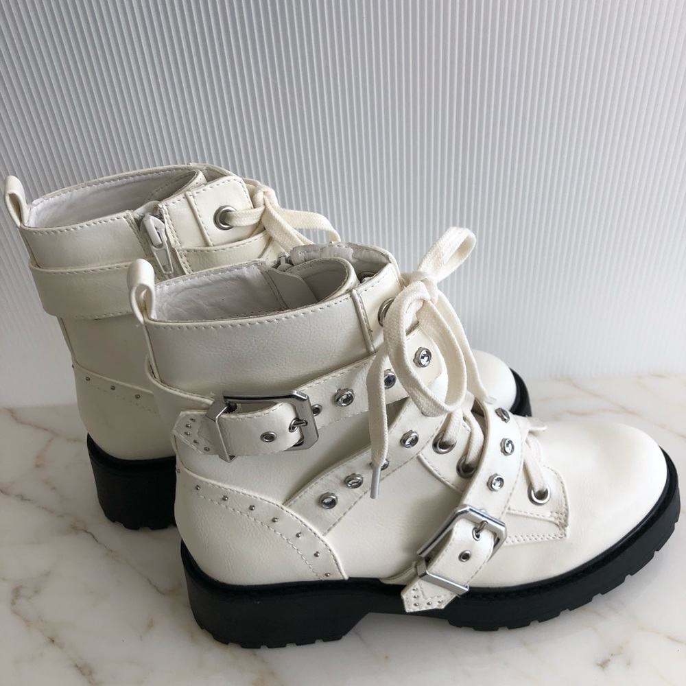 Nicole Miller White Buckle Studded Booties // NEW